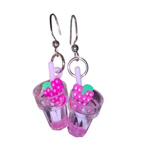 Strawberry Boba Tea Dangle Earrings Fun Kawaii Cute Novelty‎ Jewelry